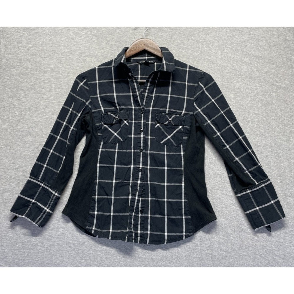 Zac & Rachel Shirt Womens PM Black White Plaid Cotton Roll Tab Sleeve Button Up